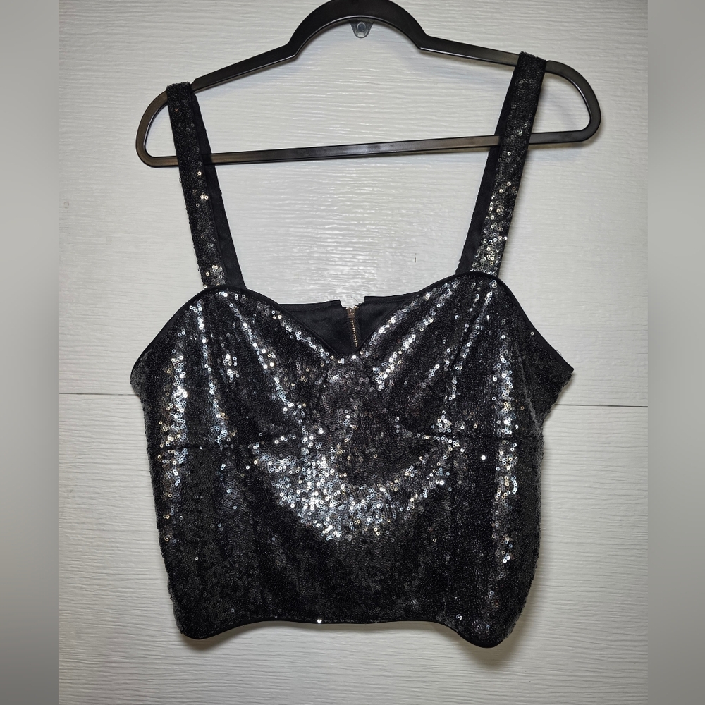 New York & Company Black Sequin Square-Neck Crop Top